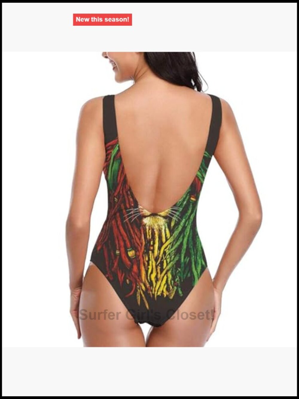 Rasta Lion Print One-Piece Swimsuit High Leg Retro Bathing Suit - Picture 4 of 6